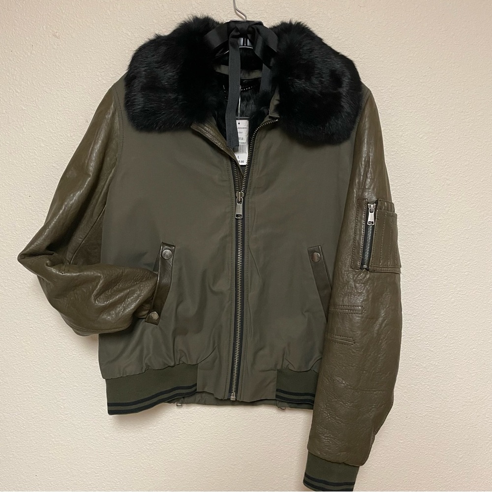 Olive Green/Black Fur Bomber Jacket